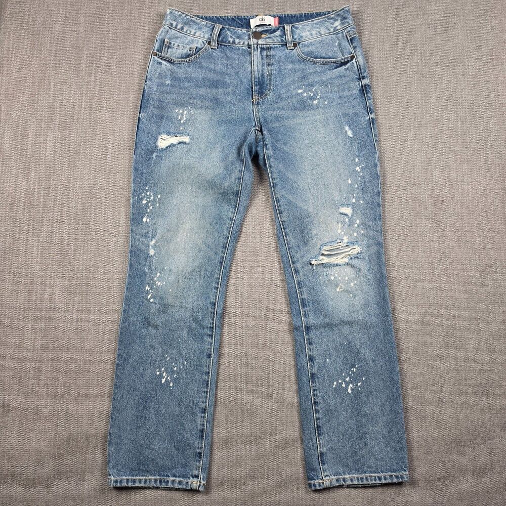 Cabi Jeans Womens Size 6 100% BF Boyfriend Jeans Paint Splatter Distressed Blue